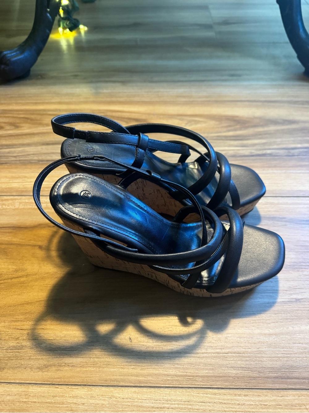 Black Strappy Cork Wedge Sandals — Women’s Slingback Wedges